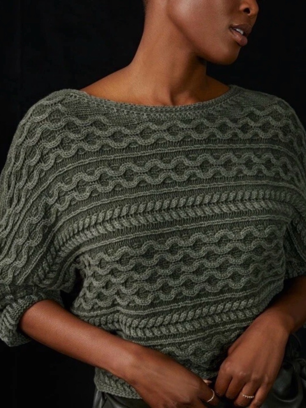 Anthropologie Olive Green Off-the-Shoulder Cable Knit Sweater